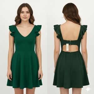 Francesca's Dress Women Size S Green Ruffle Sleeve Cutout Back Fit & Flare